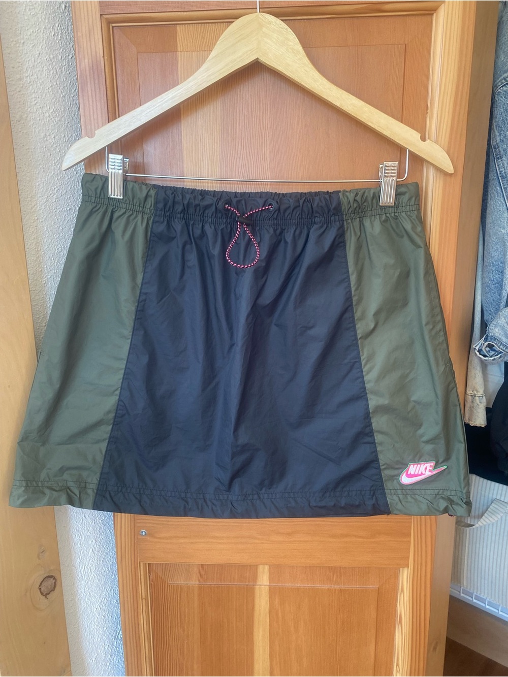 Nike Black and Olive Colorblock Drawstring Athletic Skirt with Pink Logo